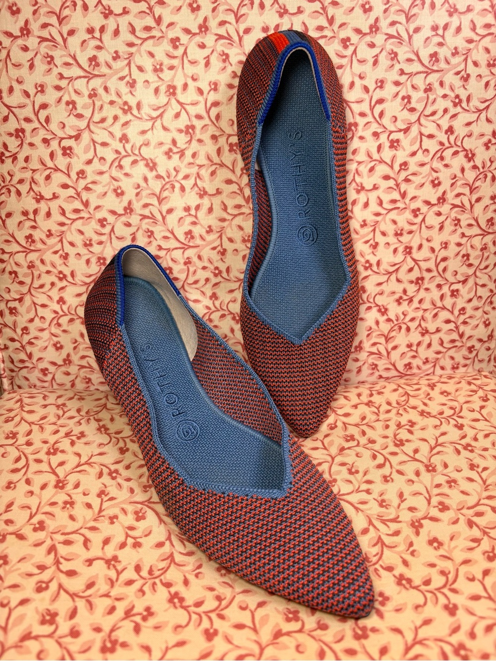 Rothy's The Point Flats in Red-Orange and Blue Knit Pattern